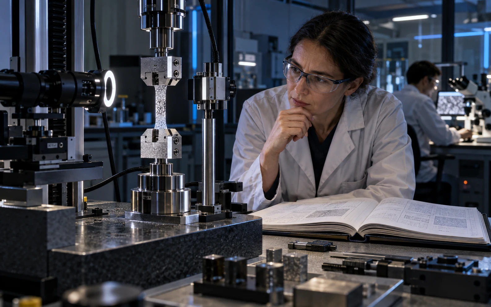 A materials scientist inspecting a specimen in a precision measurement laboratory.