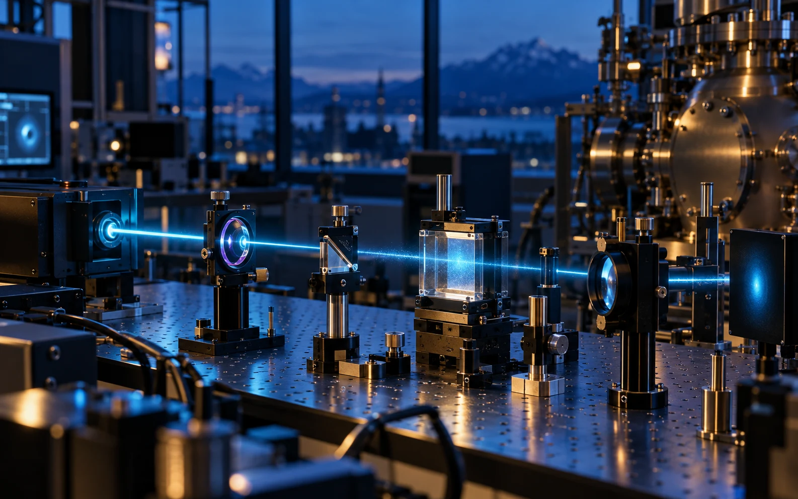 An optical physics experiment arranged on a laboratory bench at blue hour.