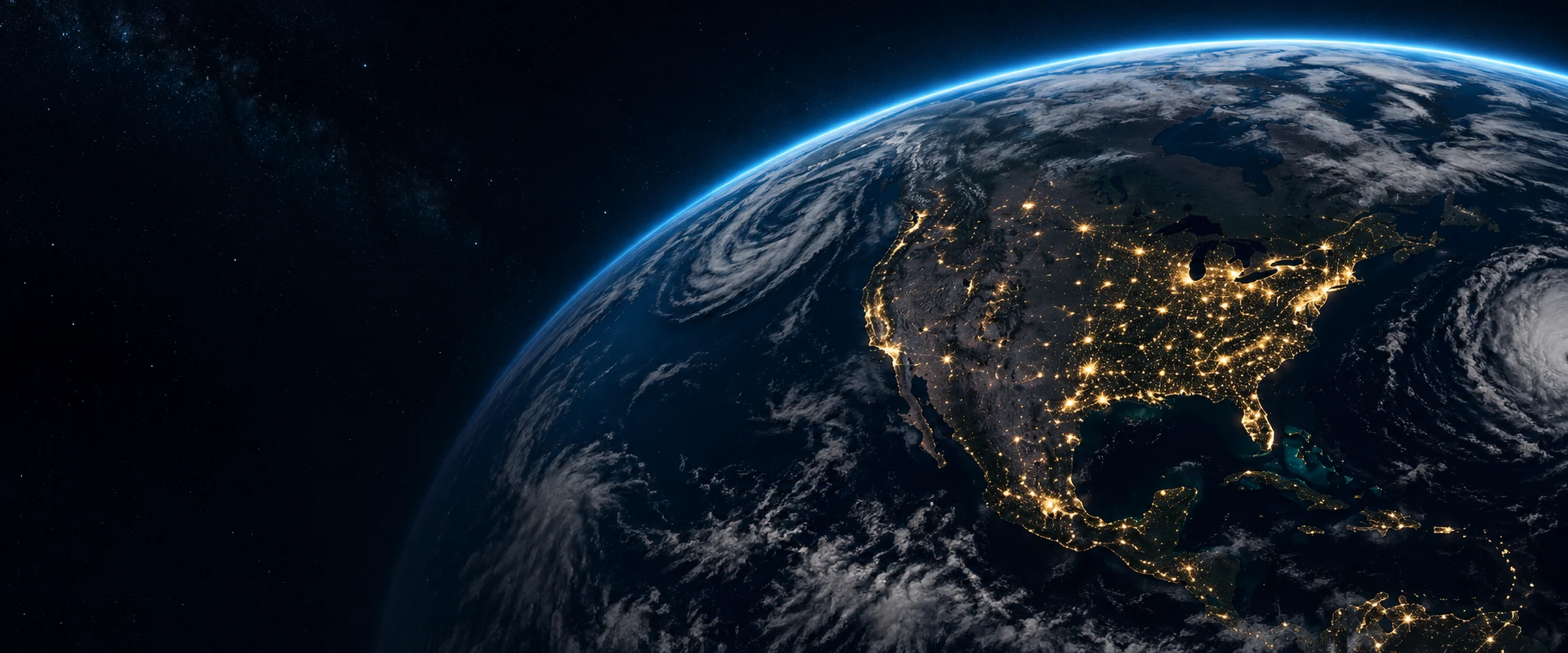 North America at night seen from Earth orbit.