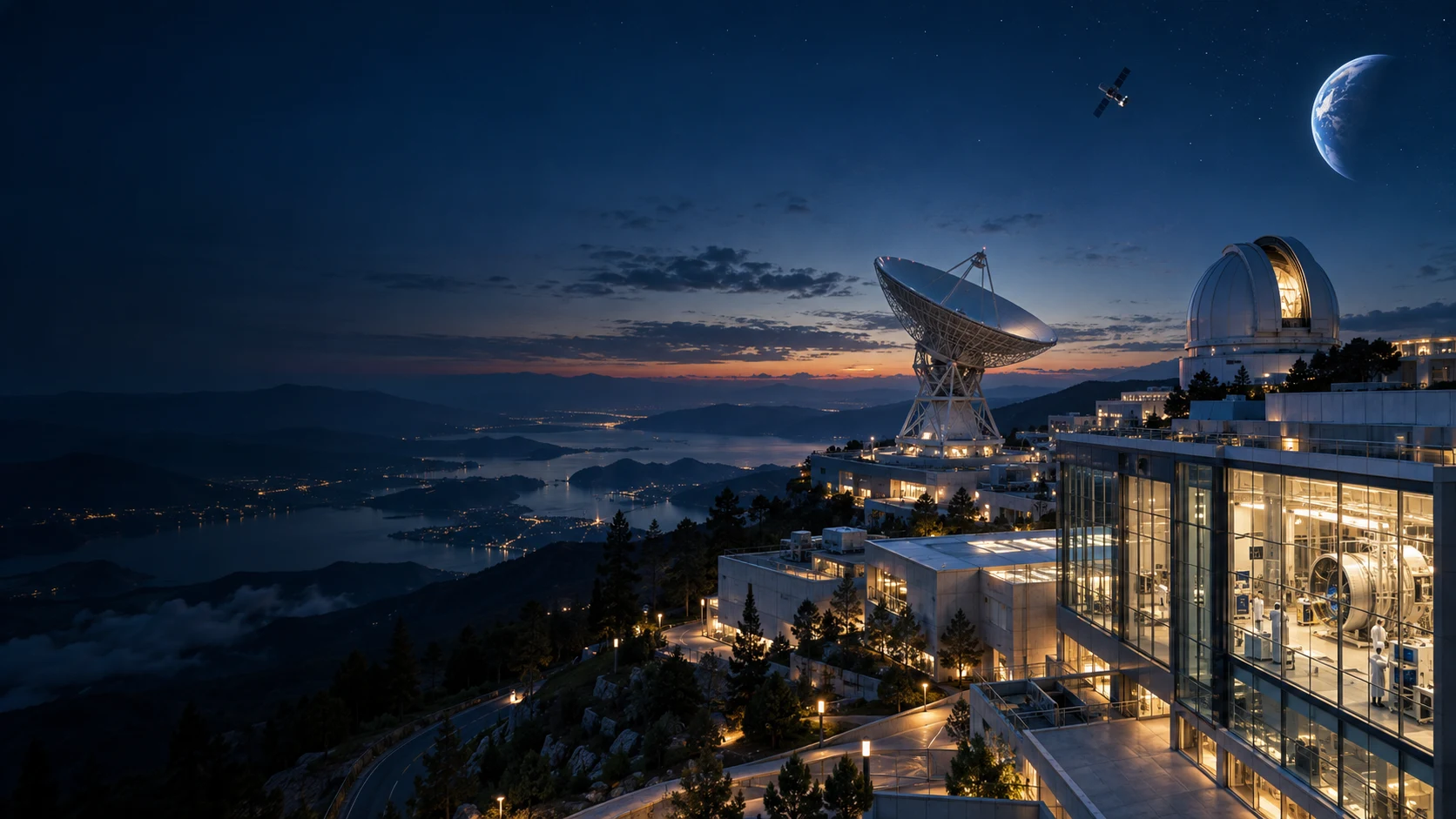 A space science campus and observatory at blue hour above a mountain landscape.